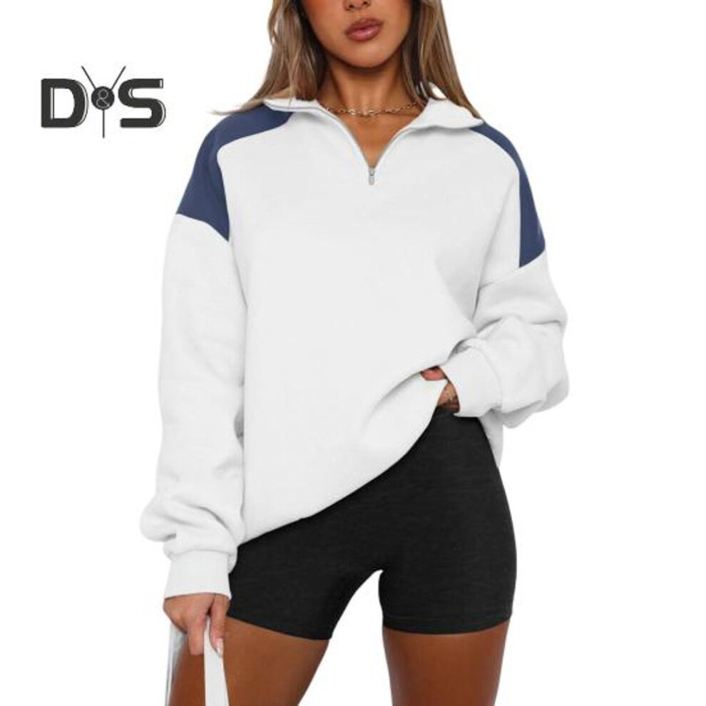 (L, beige) Spring Fall Women Sweatshirt Turn-down Collar Long Sleeves Loose Half Zipper Contrast Color Street Style Mid Length Top