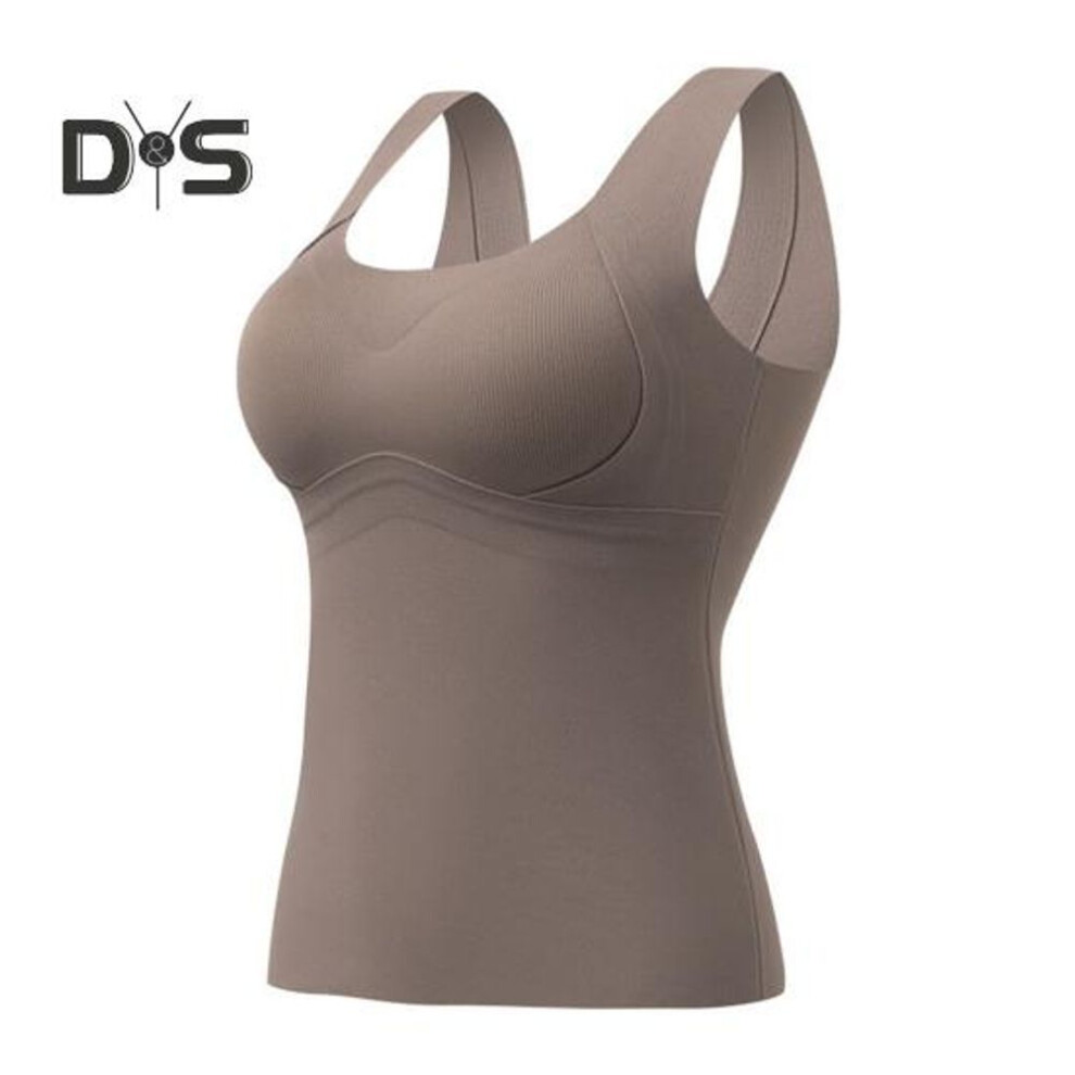 (khaki, L) Winter Women Thermal Vest with Chest Pads Seamless Velvet Fast Temperature Lock Heating Slim Fit Elastic Sleeveless Inner Wear Bottoming Tank Top