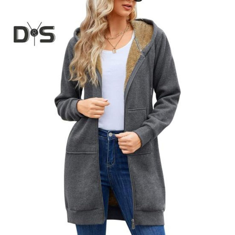 (L, dark gray) Women Winter Hoodie Thickened Plush-lined Long Sleeves Outerwear Mid Length Solid Color Drawstring Zipper Closure Coat Daily Commuting Jacket