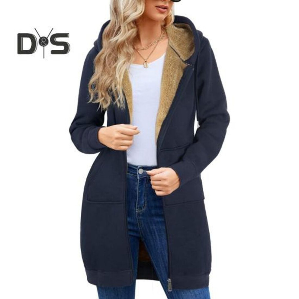 (S, navy blue) Women Winter Hoodie Thickened Plush-lined Long Sleeves Outerwear Mid Length Solid Color Drawstring Zipper Closure Coat Daily Commuting Jacket