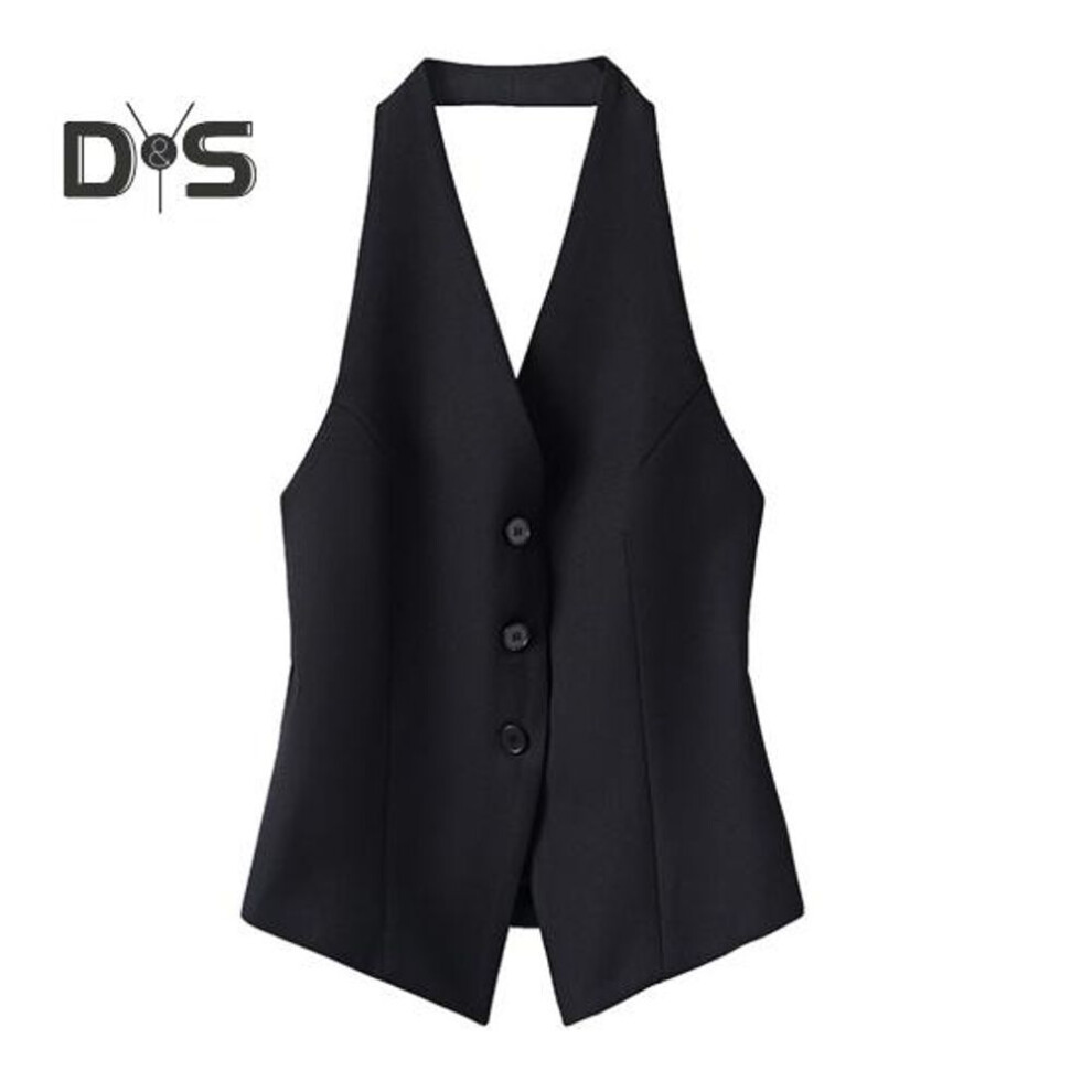 (S, black) Women's Halter V Neck Suit Vest Button Down Backless Blazer Waistcoat Sleeveless Crop Tank Top Vintage Dressy Vest