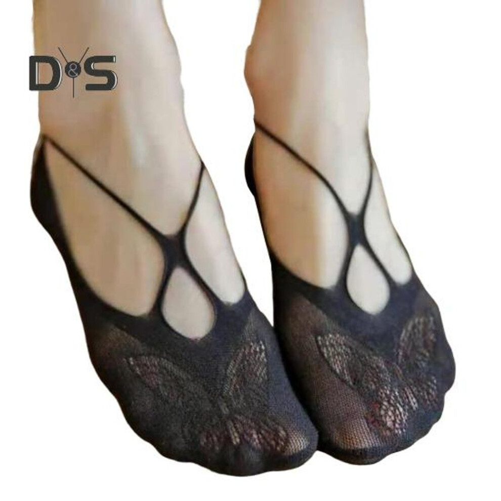 (black) Women's No Show Lace Socks Low Cut Invisible Toe Topper Half Socks Summer Yoga Liner Socks With Non-slip Heel Grip