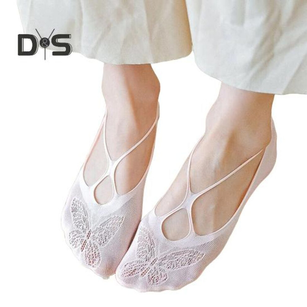 (pink) Women's No Show Lace Socks Low Cut Invisible Toe Topper Half Socks Summer Yoga Liner Socks with Non-Slip Heel Grip
