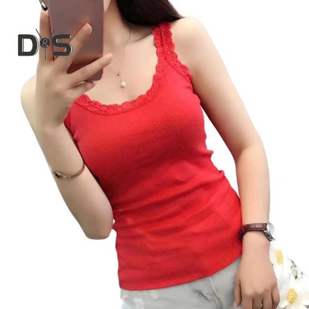 (red) Women's Lace Trim Tunic Tank Top Spaghetti Strap Sleeveless Cami Top Summer Crew Neck Camisoles Undershirts