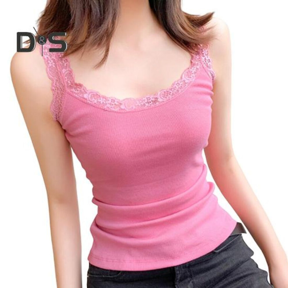 (pink) Women's Lace Trim Tunic Tank Top Spaghetti Strap Sleeveless Cami Top Summer Crew Neck Camisoles Undershirts