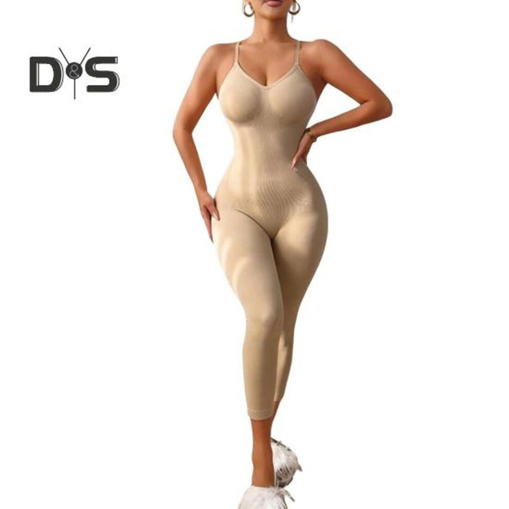 (S, beige) Shapewear Jumpsuits For Women Sleeveless Tummy Control Bodysuit High Waisted Full Body Compression One Piece Romper
