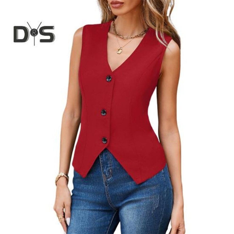 (L, red) Women's Dressy Suit Vest V-neck Button Down Blazer Waistcoat Sleeveless Crop Top Slim Fit Work Office Outfit