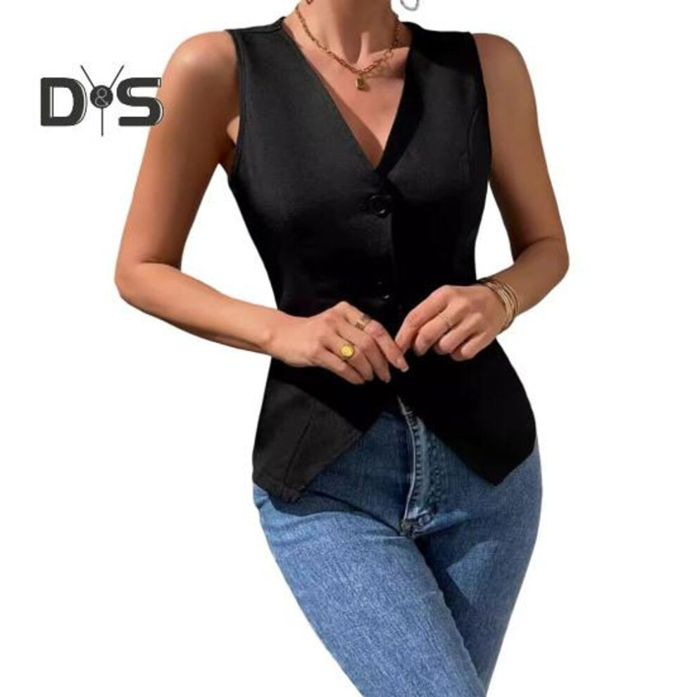 (XL, black) Women's Dressy Suit Vest V-Neck Button Down Blazer Waistcoat Sleeveless Crop Top Slim Fit Work Office Outfit