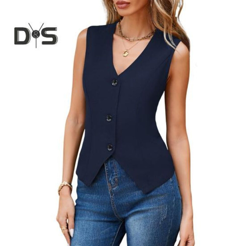 (M, dark blue) Women's Dressy Suit Vest V-neck Button Down Blazer Waistcoat Sleeveless Crop Top Slim Fit Work Office Outfit