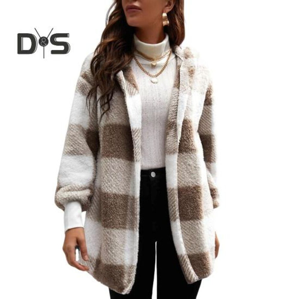 (khaki, M) Winter Sweater Coat Plaid Print Hooded Thick Windproof Open Stitch Cardigan Outerwear Mid Length Fuzzy Plush Jacket For School Travel