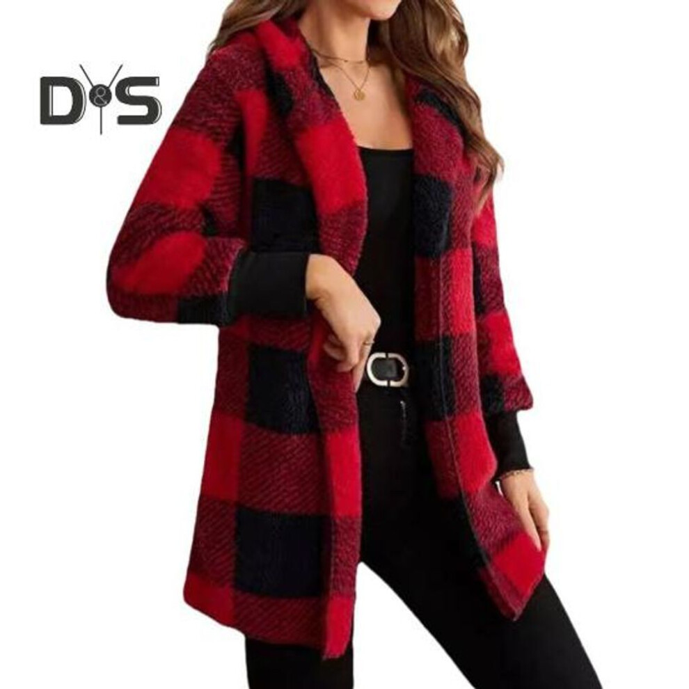 (red, L) Winter Sweater Coat Plaid Print Hooded Thick Windproof Open Stitch Cardigan Outerwear Mid Length Fuzzy Plush Jacket For School Travel
