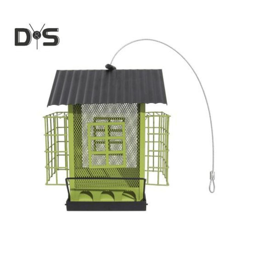 (as the picture, C) Birds Feeder for Outdoors Hanging Metal Mix Seeds Feeder with Double Suet Cage Outside Wild Birds Feeder for Garden Backyard Decor