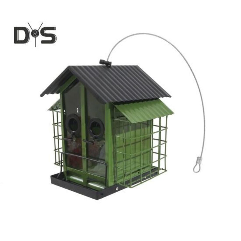 (as the picture, A) Birds Feeder For Outdoors Hanging Metal Mix Seeds Feeder With Double Suet Cage Outside Wild Birds Feeder For Garden Backyard Decor