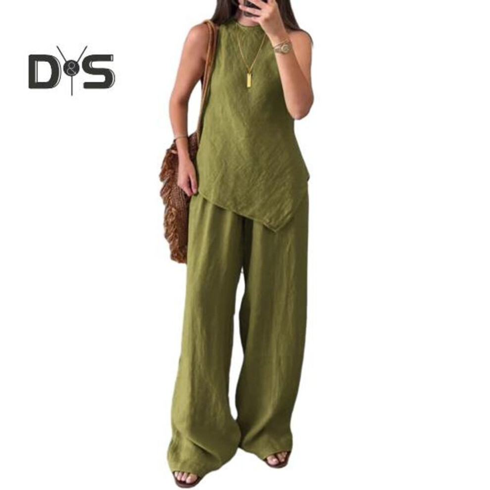 (green, M) Women's Irregular Hem 2 Piece Outfit Sleeveless Crew Neck Top Wide Leg Pants Lounge Set Summer Casual Tracksuit