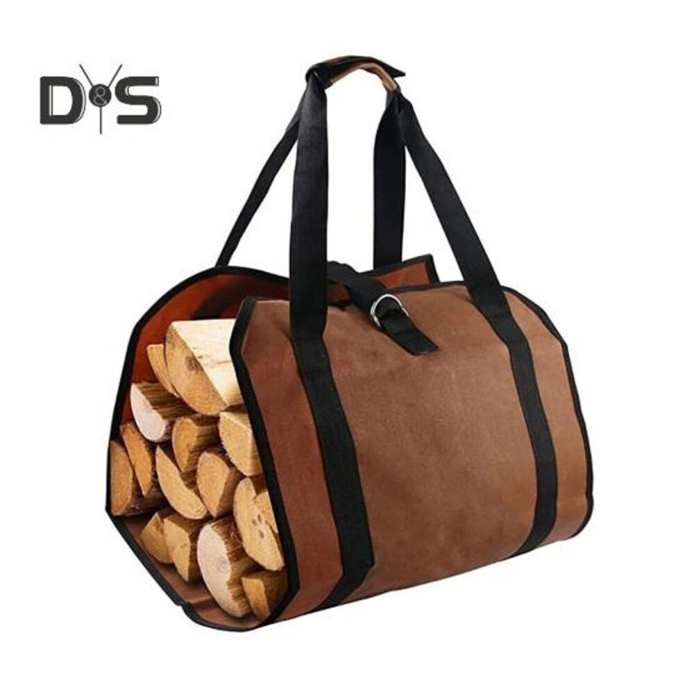 (dark brown) Canvas Firewood Storage Bag with Reinforced Handle Waterproof Fabric Foldable Design Firewood Log Carrier Tote