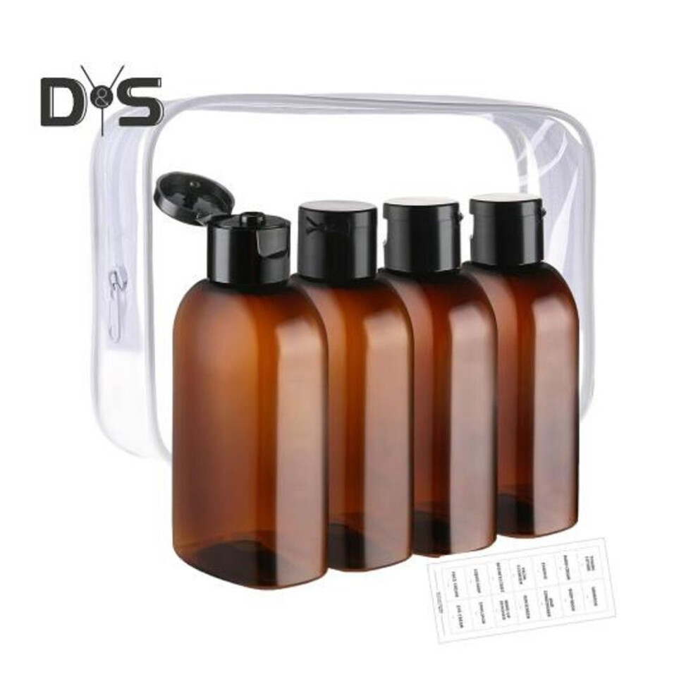 (brown) 4pcs Clear Travel Bottles Kit For Toiletries Bpa-free Leak-proof Refillable Containers For Shampoo Lotion Oils Portable Silicone Cream Jars Reusable