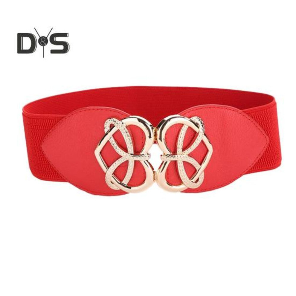 (red) Women Belt Heart Buckle Elastic Faux Leather Waistband Versatile Cinched Belt Dresses Coats Daily Date Party Wear