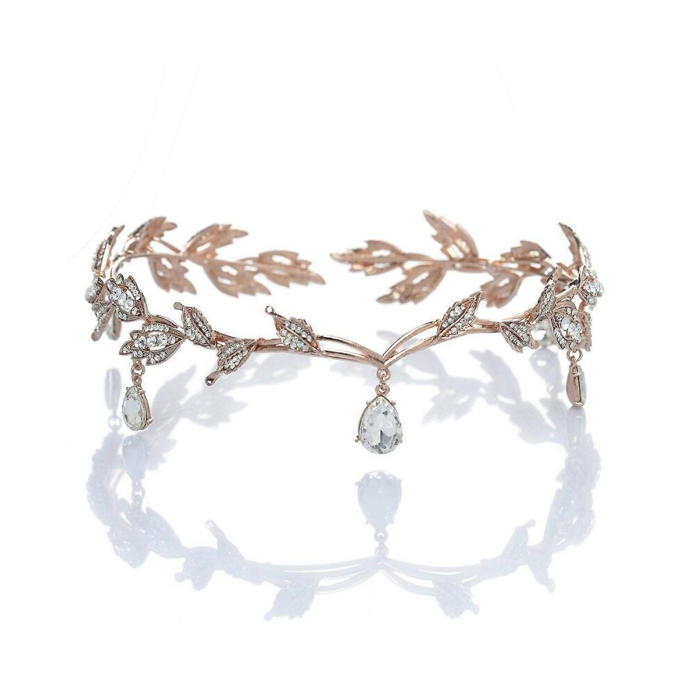 Remedios Rhinestone Leaf Wedding Crown Headband, Crystal Pendent Tiara Headband for Wedding Prom Birthday, Silver