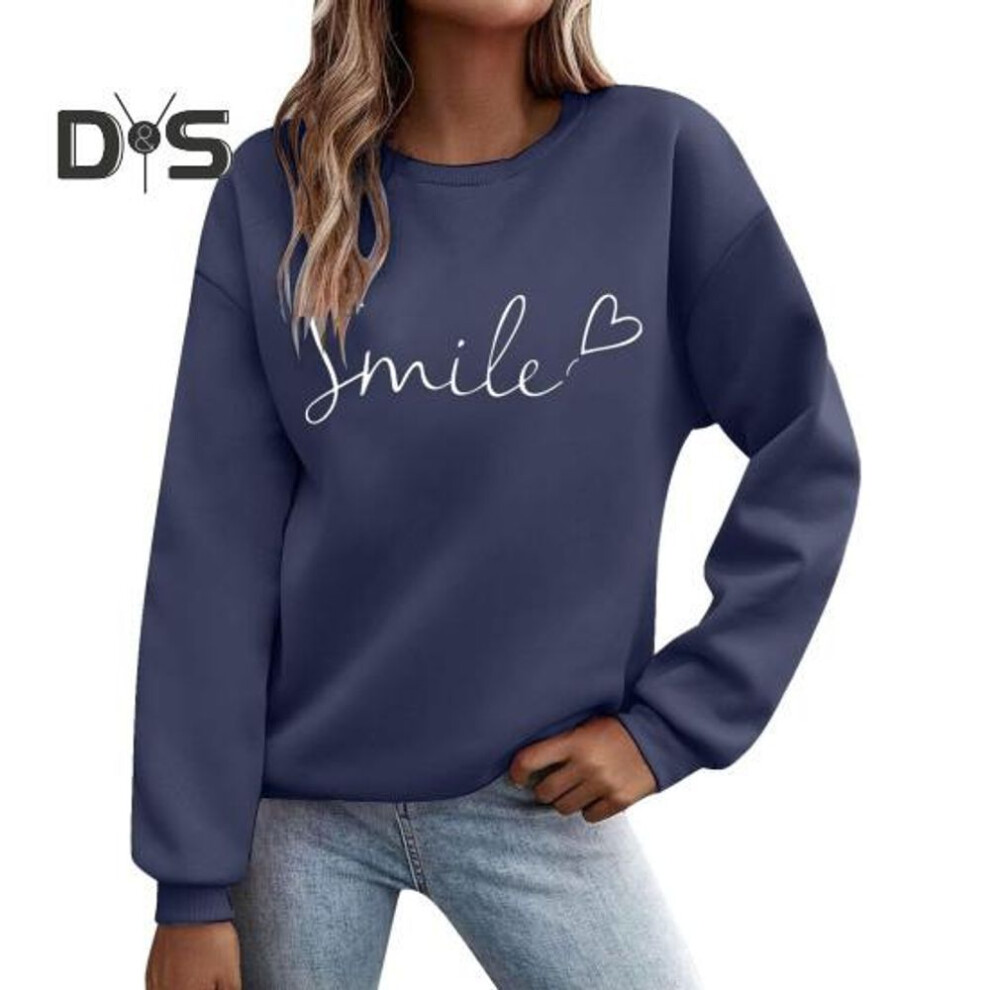 (L, navy blue) Unisex Sweatshirt O Neck Mid Length Loose Pure Color Top Elastic Cuffs And Hem Hip Hop Style Commuting Sport Outdoor Pullover Top