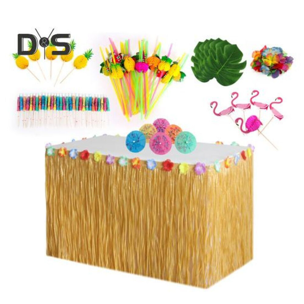 (yellow) Table Skirt Grass Luau Party Decorations Supplies For Tropical Hawaiian Party Favors Flower Summer Beach Themed Beach Decorations