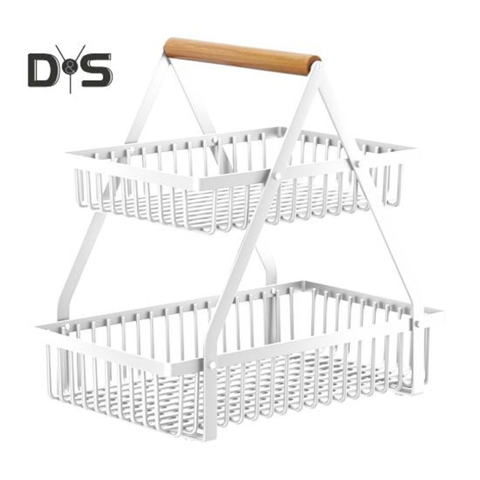 (white, M) Vegetable Storage Rack 2 Tier Fruit Basket With Wooden Handle Large Capacity Strong Load-bearing Metal Fruit Holder Vegetable Basket