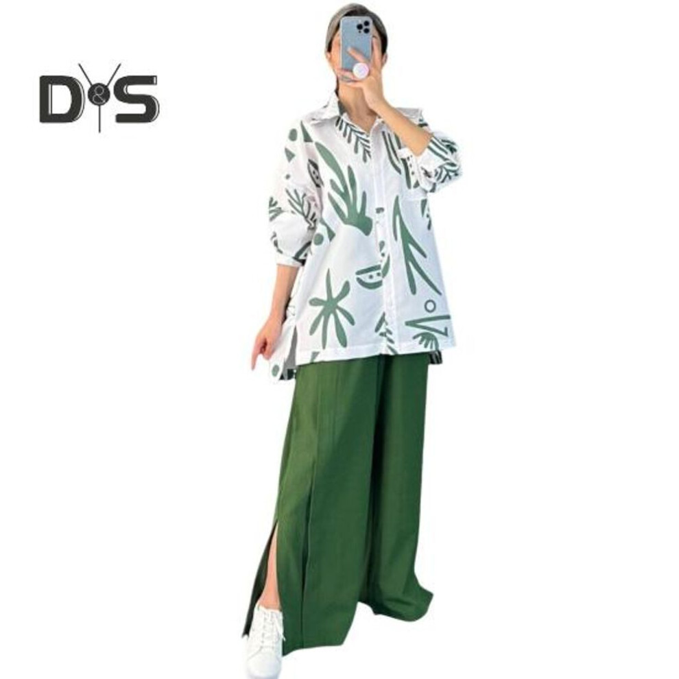 (green, XL) 2 Pcs/set Women Shirt Pants Set Long Sleeves Printed Lapel Collar Chest Pocket Single-breasted Blouse Stretchy Waist Side Split Pants Set Casual