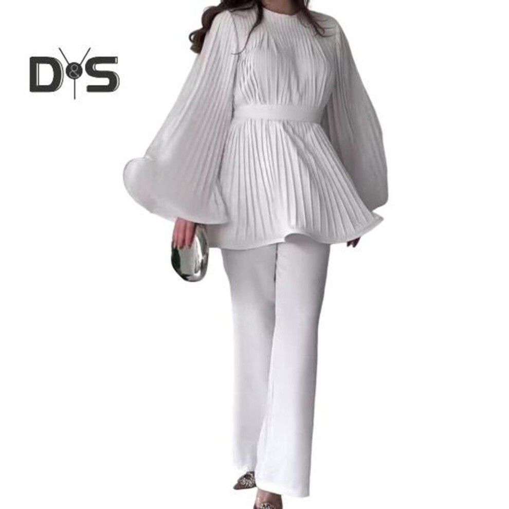 (white, S) 2 Pcs/set Women Top Pants Pleated Horn Sleeves Lace-up Bow Tight Waist Big Hem Round Neck Blouse Wide Leg Solid Color Trousers Ol Commuting Shopping