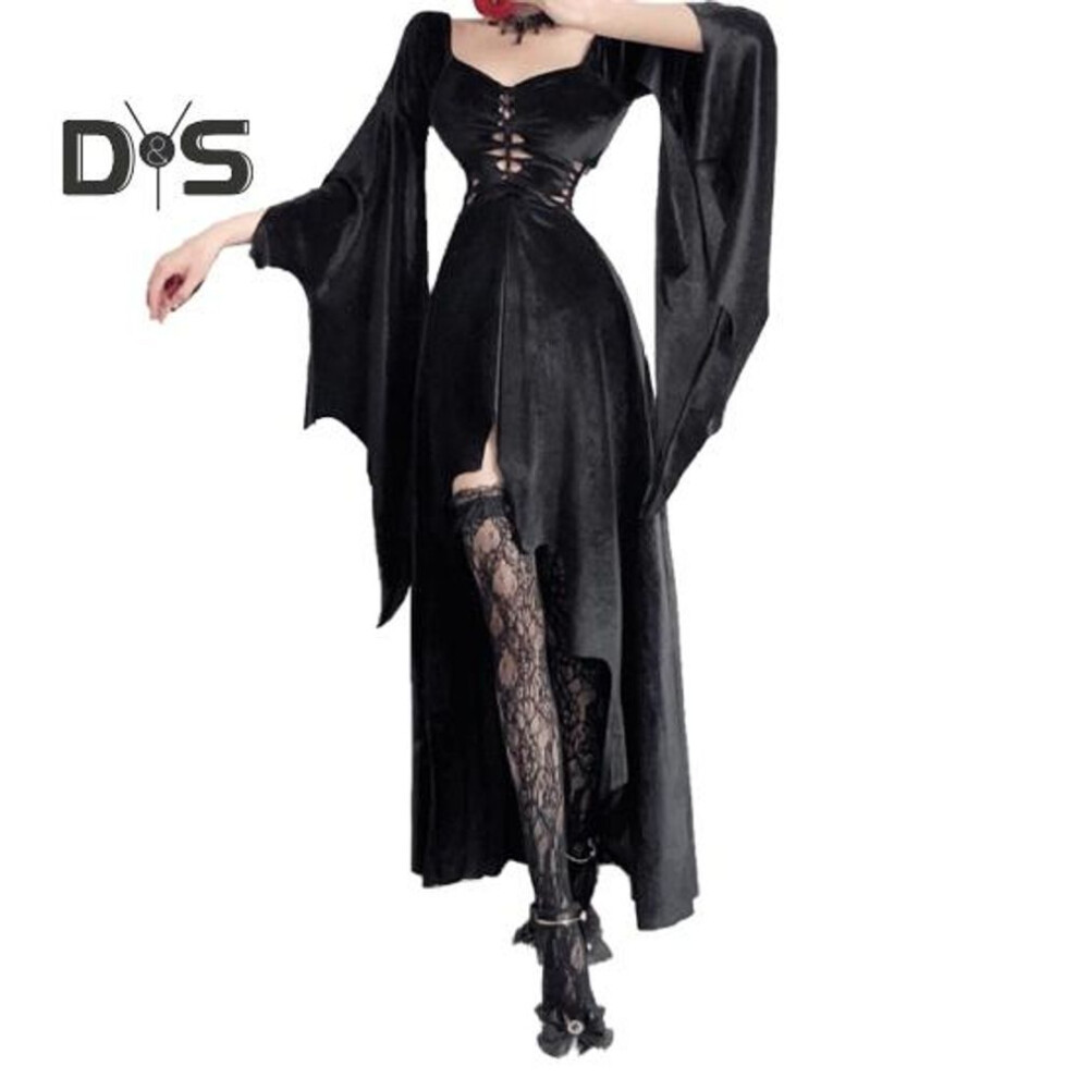 (as the picture, S B) 1 Set Women Cosplay Dress With Necklace Headband And Stockings Gothic Style Witch Halloween Party Costume Hollow Out Collarless Long Bat Sleeves