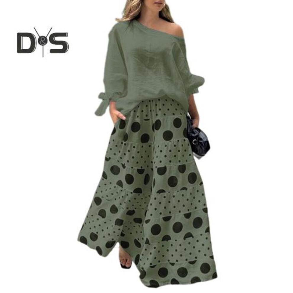 (green, XXXL) 2 Pcs/Set Women T-shirt Pants Set Slant Neck One Shoulder Long Sleeve Bow Cuff Top Loose High Waist Wide Leg Printed Long Trousers Casual Dating