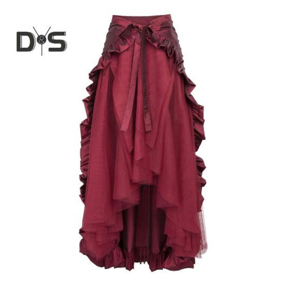 (L, wine red) Women Halloween Skirt Cosplay Irregular Ruffle Hem Lace-up High Waist Mesh Patchwork Steampunk Victorian Performance Role Play Photography Dancing