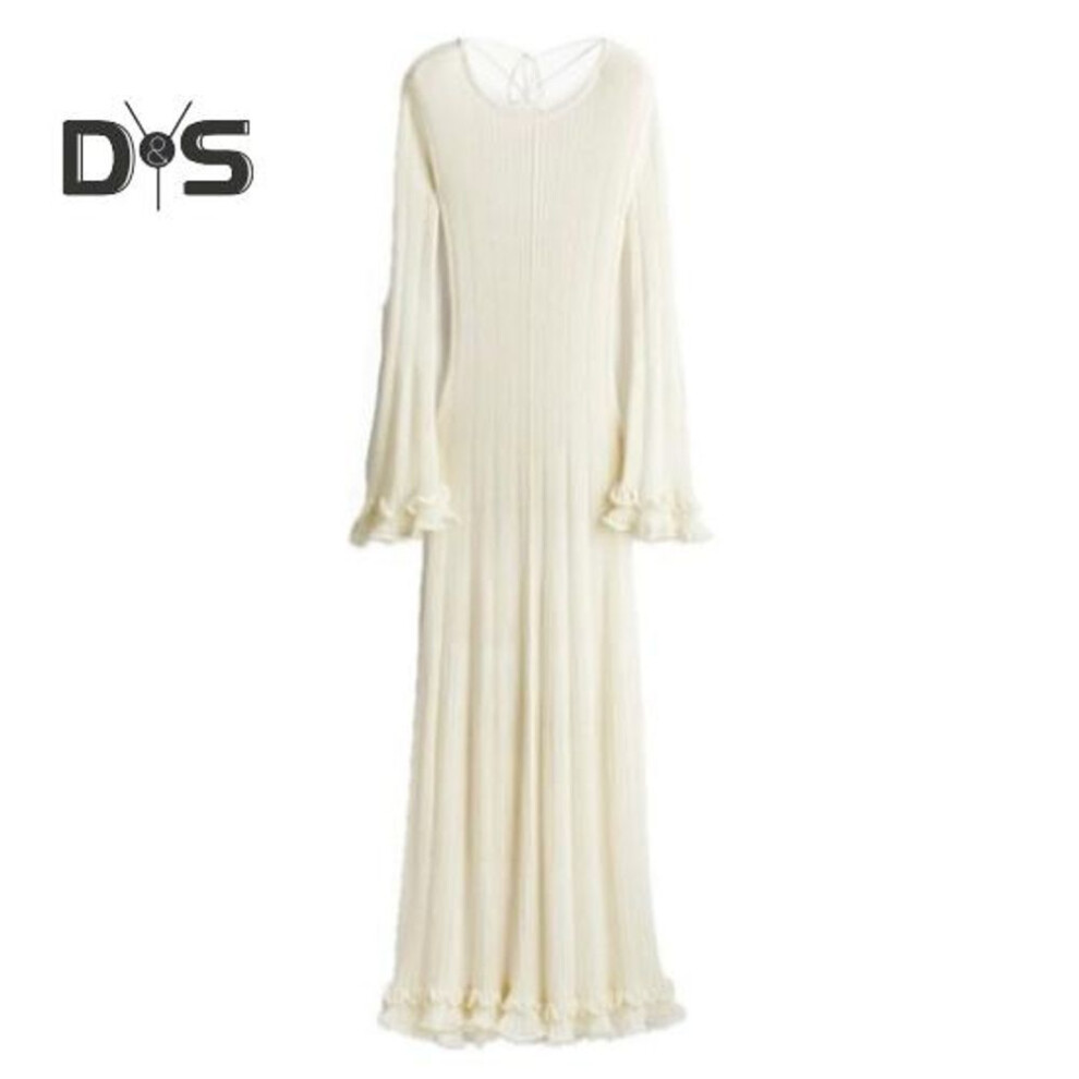 (as the picture, S) Fall Spring Women Evening Dress Shirring Waved Edge O Neck V-shaped Back Slim Fit Long Bell Sleeves Solid Color Full Length Elastic Ball Gown Maxi