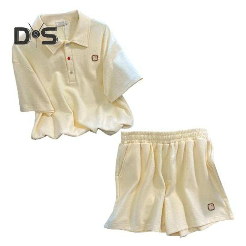 (apricot, 2XL) 2 Pcs/set Women Summer Top Shorts Set Button Turn-down Collar Short Sleeves Preppy Style T-shirt Elastic Waist Loose Side Pockets Short Pants Sport