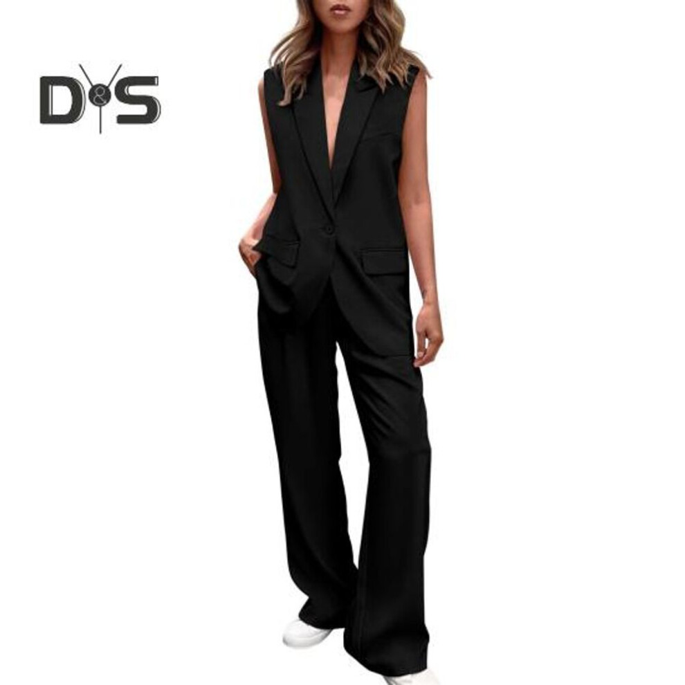 (black, L) 2 Pcs/set Women Coat Pants Set Lapel Single Button Mid Length Cardigan Sleeveless Jacket Wide Leg High Waist Straight Trousers Lady Formal Commute