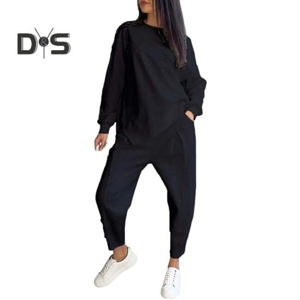 (black, XXXL) 2 Pcs/Set Fall Spring Women Top Pants Set Long Sleeves O Neck Irregular T-shirt Elastic Waist Trousers with Side Pockets OL Commuting Sport Pantsuit