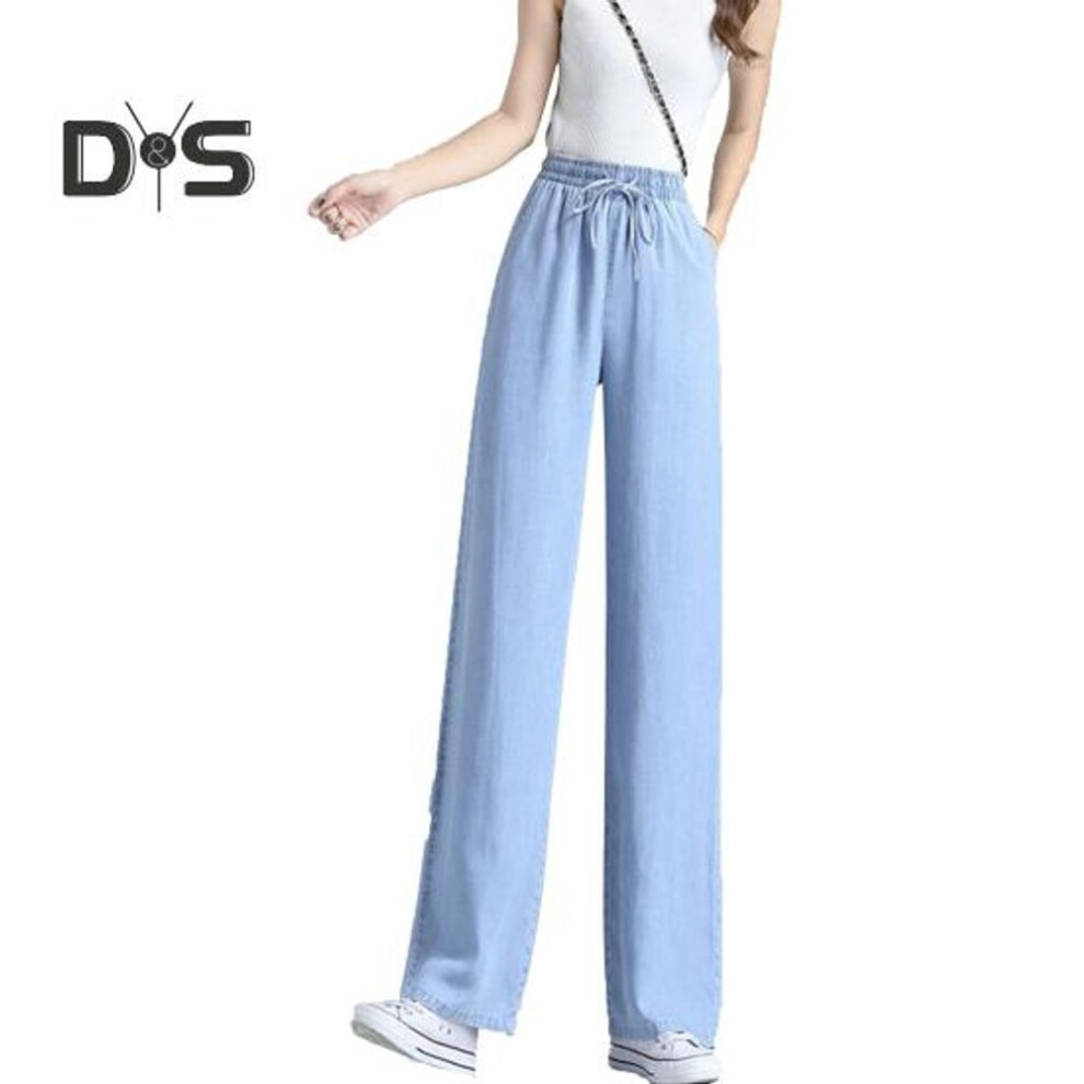 (blue, 2XL) Women Jeans Straight Elastic High Waist Solid Color Button Zipper Closure Pockets Wide Leg Full Length Stretchy Commute Dating Shopping Long Trousers