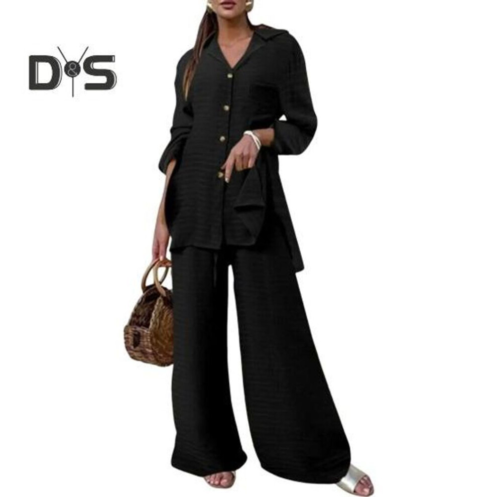(black, XL) 2 Pcs/set Women Shirt Pants Set Solid Color Turn-down Collar Long Sleeve Mid Length Top Wide Leg Elastic Waist Loose Pants Commute Clothes Blouse