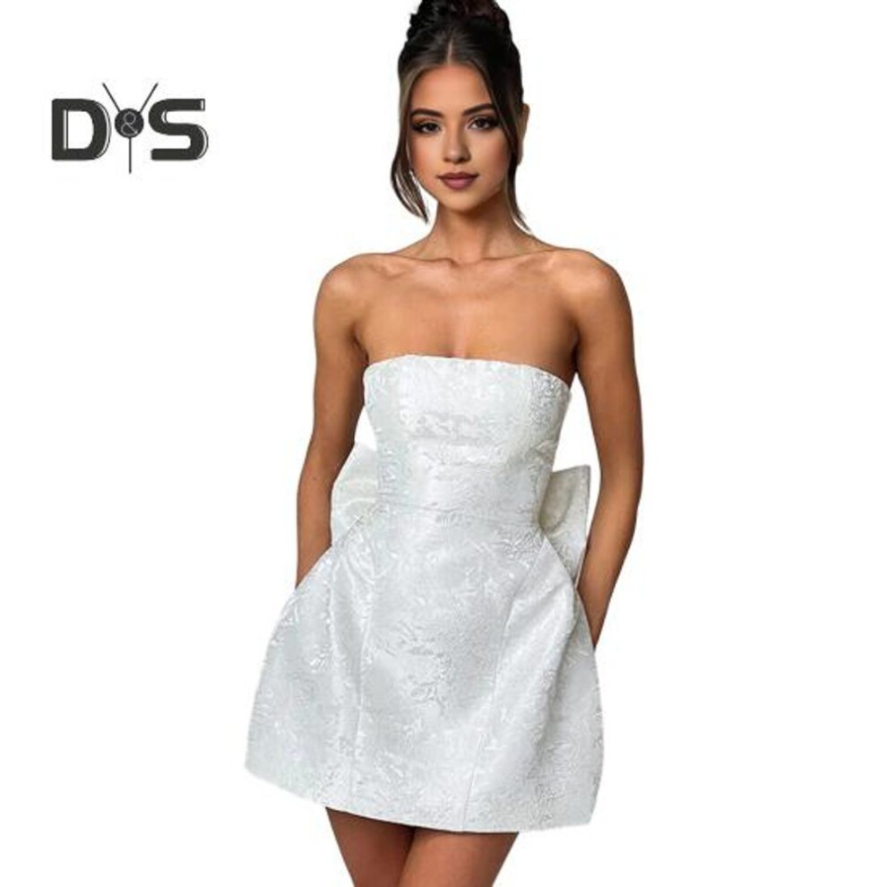 (white, S) Women Evening Dress Big Bow Decor Bandeau Off Shoulder Floral Texture Sleeveless Lace-up A-line Backless Prom Cocktail Party Ball Gown Summer Mini