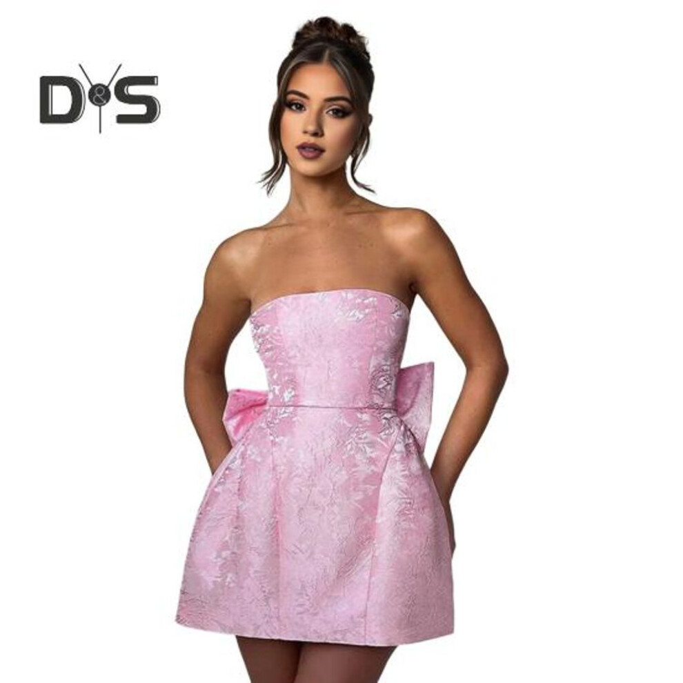 (pink, M) Women Evening Dress Big Bow Decor Bandeau Off Shoulder Floral Texture Sleeveless Lace-up A-line Backless Prom Cocktail Party Ball Gown Summer Mini