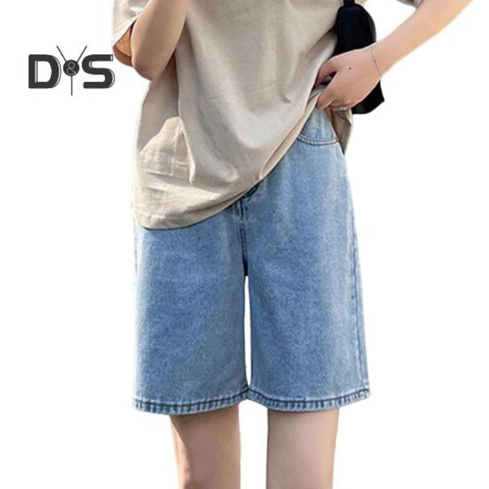 (light blue, L) Women Knee Length Jeans A-line Adjustable Buttoned Waist Zipper Closure Plus Size Pockets Vintage Solid Color Loose Lady Denim Shorts Casual Short