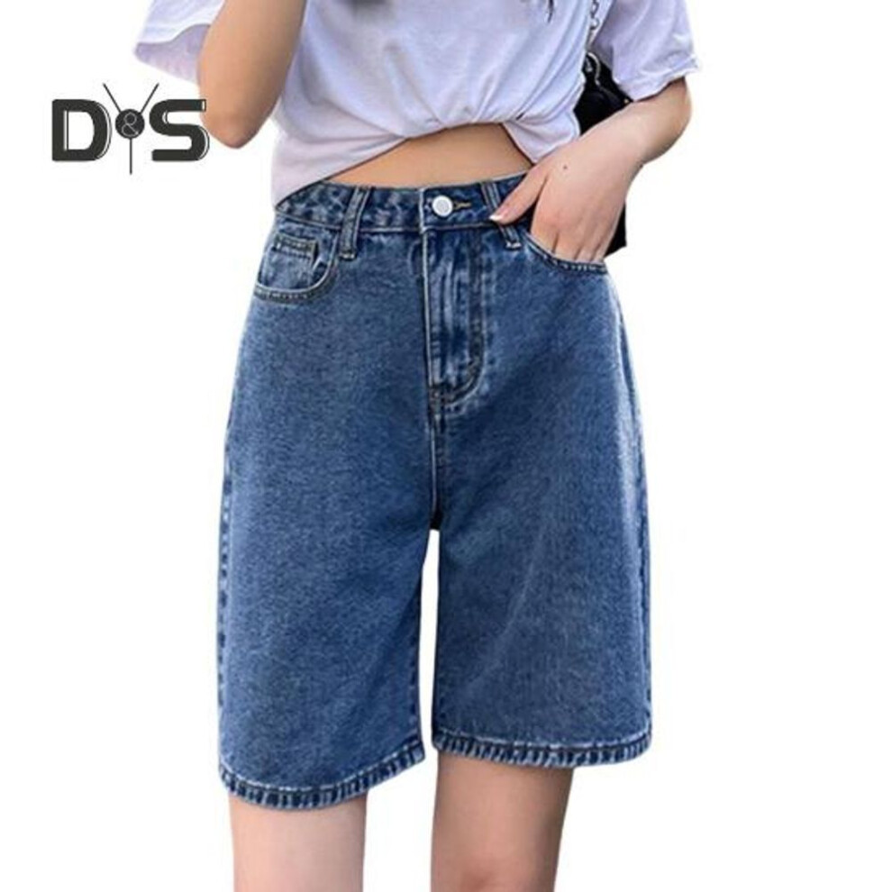 (blue, S) Women Knee Length Jeans A-line Adjustable Buttoned Waist Zipper Closure Plus Size Pockets Vintage Solid Color Loose Lady Denim Shorts Casual Short