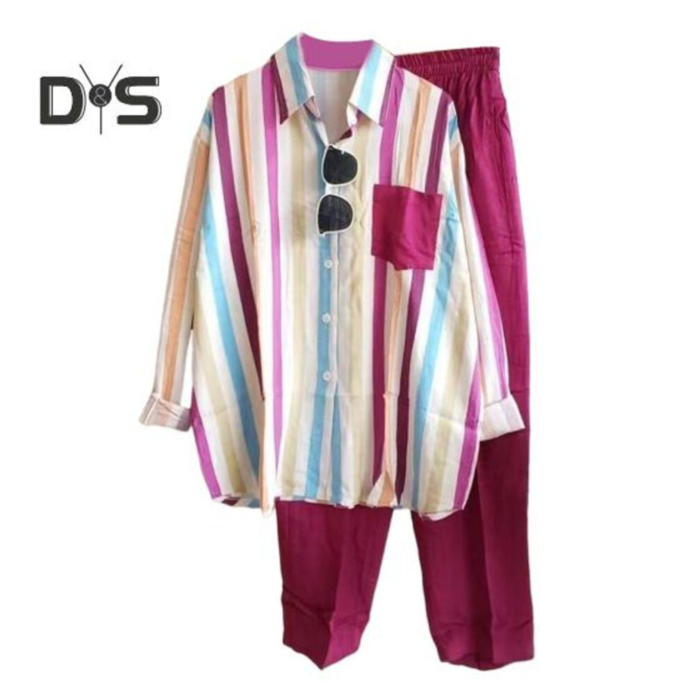(rose red, 2XL) 2 Pcs/set Women Shirt Pants Set Color Matching Striped Printed Chest Pocket Single-breasted Long Sleeves Lapel Blouse Elastic Waist Loose Trousers