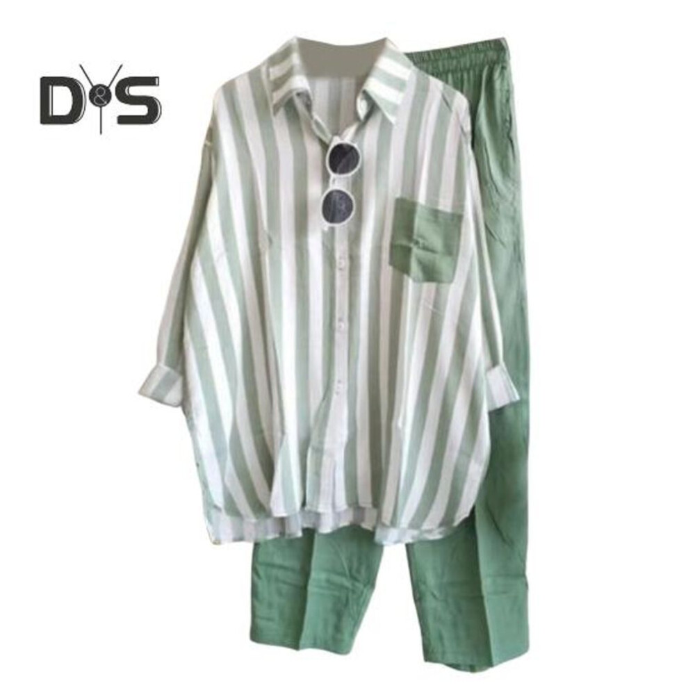 (green, 3XL) 2 Pcs/set Women Shirt Pants Set Color Matching Striped Printed Chest Pocket Single-breasted Long Sleeves Lapel Blouse Elastic Waist Loose Trousers