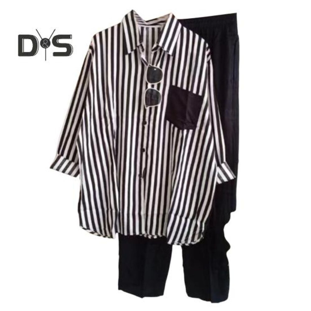 (black, M) 2 Pcs/set Women Shirt Pants Set Color Matching Striped Printed Chest Pocket Single-breasted Long Sleeves Lapel Blouse Elastic Waist Loose Trousers