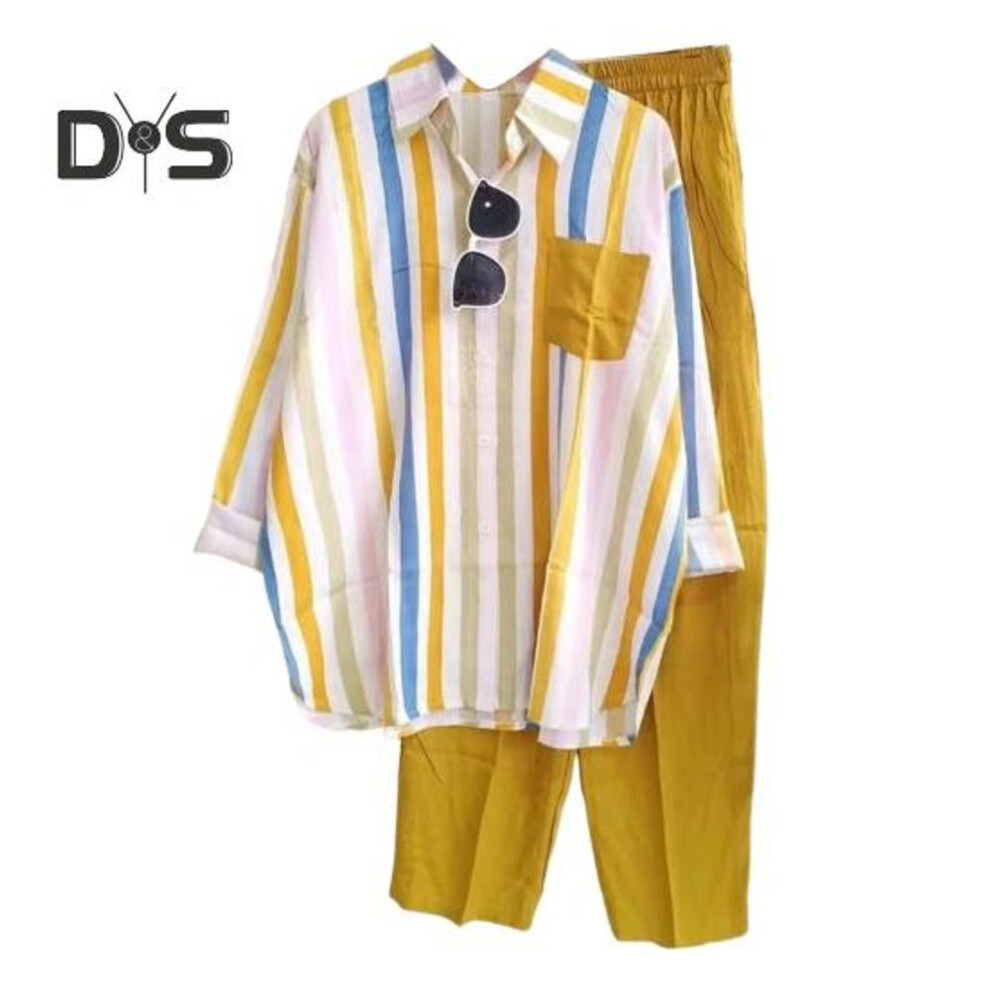 (yellow, 2XL) 2 Pcs/Set Women Shirt Pants Set Color Matching Striped Printed Chest Pocket Single-breasted Long Sleeves Lapel Blouse Elastic Waist Loose Trousers