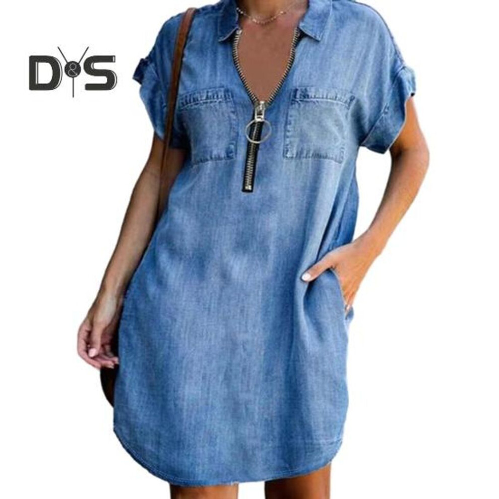 (dark blue, L) Women Mini Dress Zipper Decor Lapel Short Sleeves Patch Pockets Irregular Hem Solid Color Loose Above Knee Length Casual Lady Summer Dress