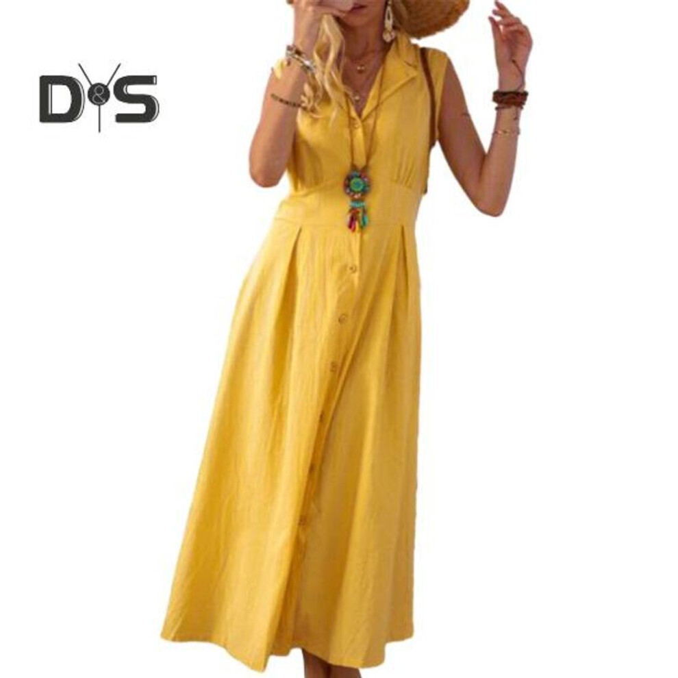 (yellow, M) Summer Lapel V neck Sleeveless Shirt Dress High Waist Single Breasted Waist Tight Solid Color Midi Dress Workwear