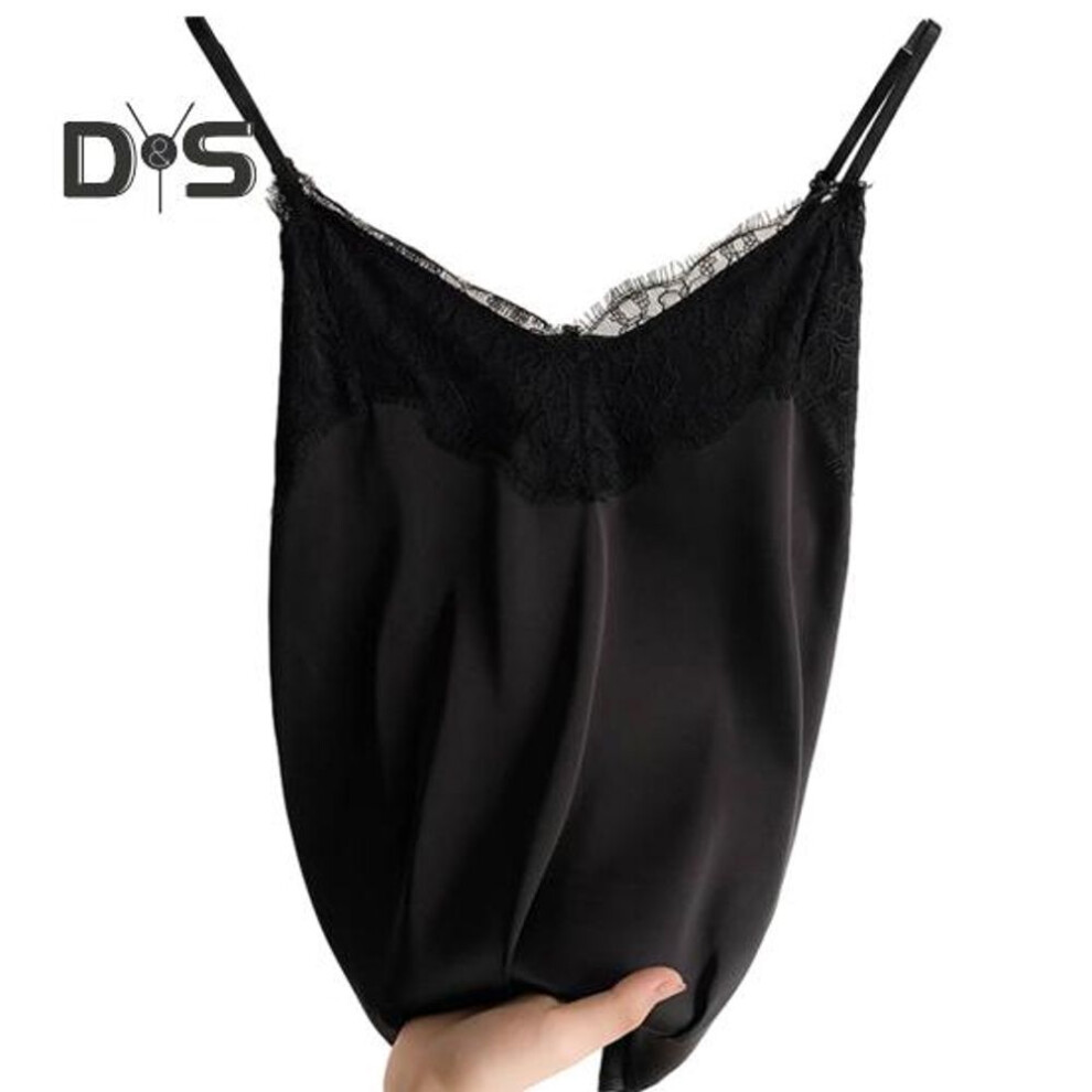 (L, black) Women Vest Lace Patchwork Solid Color Sleeveless Backless Spaghetti Strap V Neck Silky Soft Casual Soft Women Camisole Top