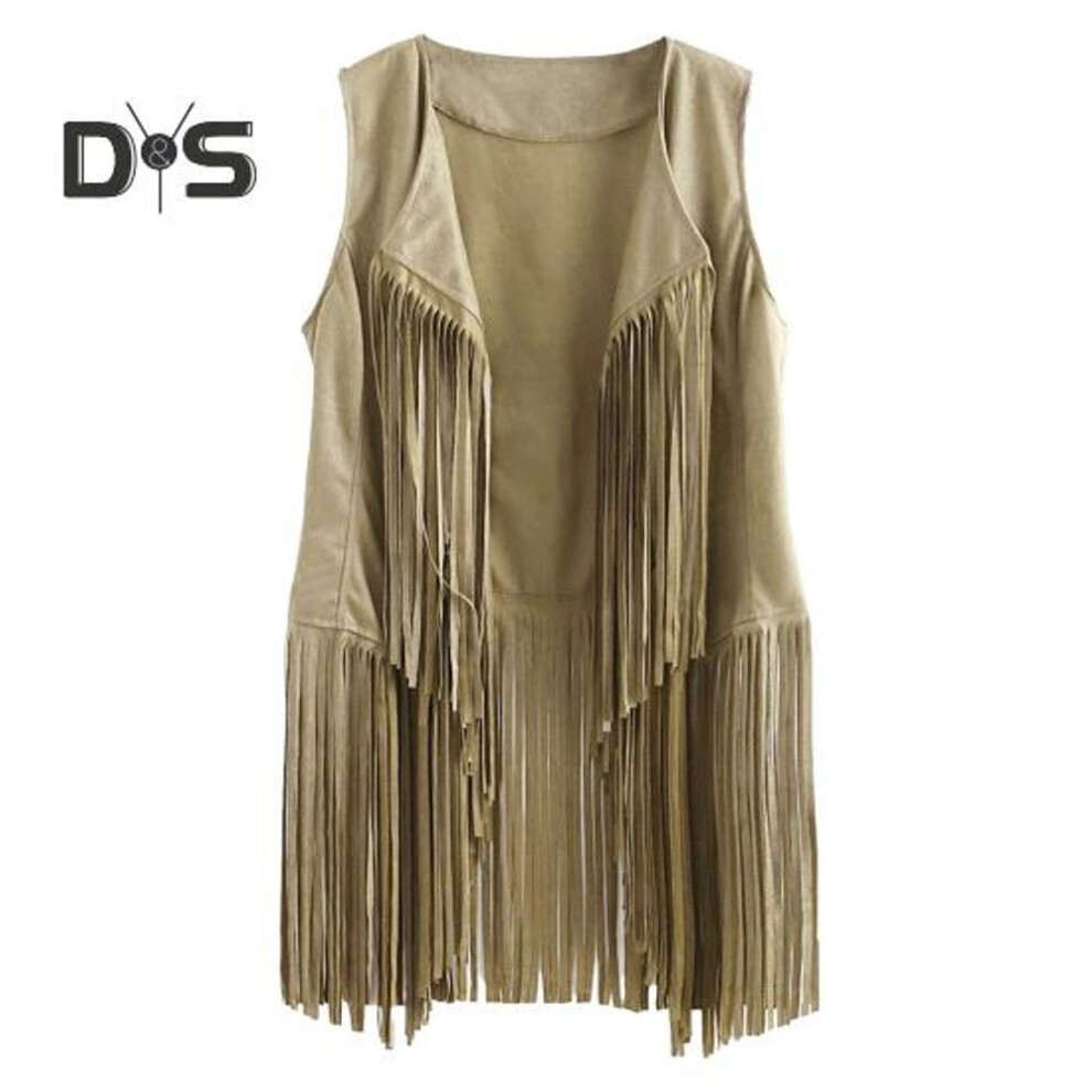 (apricot, XL) Women Cardigan Tassel Fringed Solid Color Open Stitch Vintage Western Cowboy Cosplay Hippie Sleeveless Stage Performance Role Play Lady Waistcoat