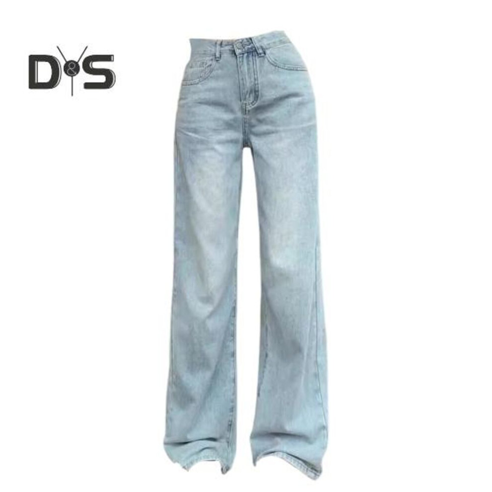 (light blue, L) Women Jeans High Waist Wide Leg Bow Embroidery Solid Color Loose Pockets Pockets Button Zipper Closure Straight Full Length Denim Pants