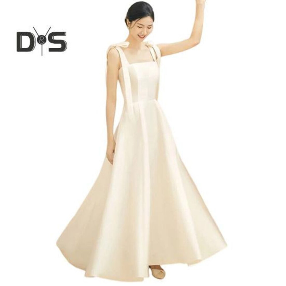 (white, XXL) Women Wedding Dress Satin Lace-up Shoulder Strap Bow Square Neck A-line Big Swing Solid Color Sleeveless Filming Photo Taking Evening Dress